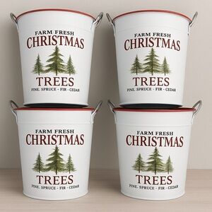 NWOT Set of 4 Farm Fresh Christmas Trees Metal Buckets Holiday Decor‎